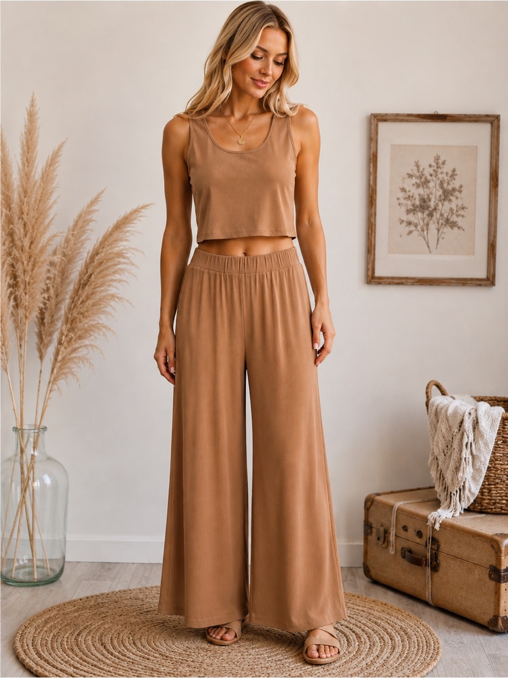 Amazon 2 Piece Travel Set Top with Wide Leg Pull-On Pants in Tan